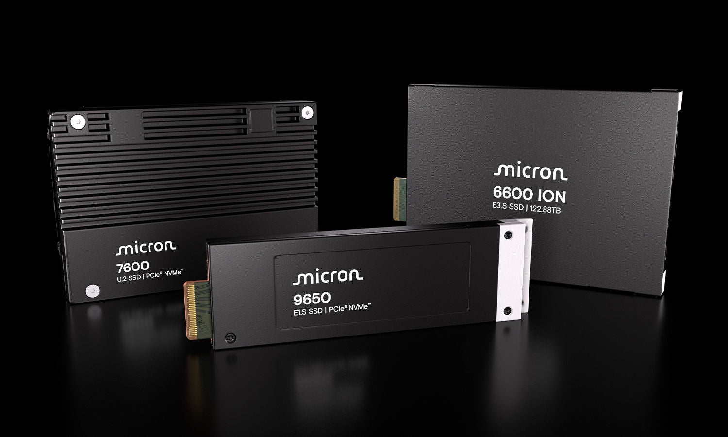 Micron's 9650 SSD and 7600 SSD on a reflective surface in front of Micron's 6600 ION SSD modules 